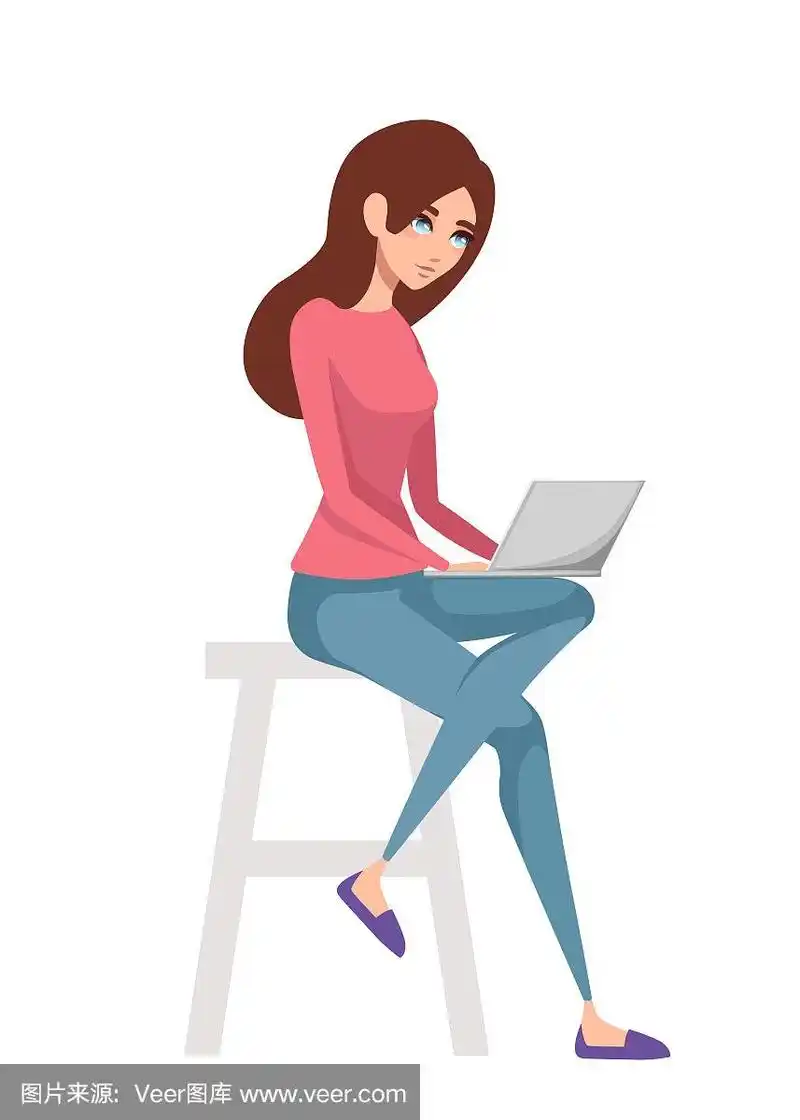 漂亮女人坐在白色的椅子上使用笔记本电脑.卡通人物设计.