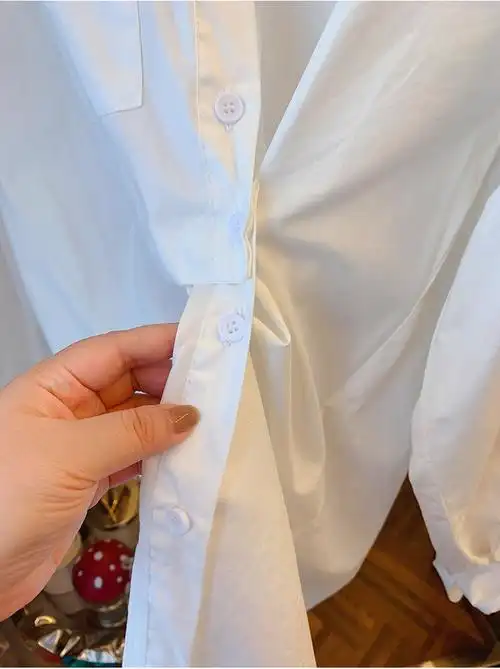 abcrcy日系原单衬衣女日本设计师小众错位纽扣造型两穿宽松长袖衬衫女