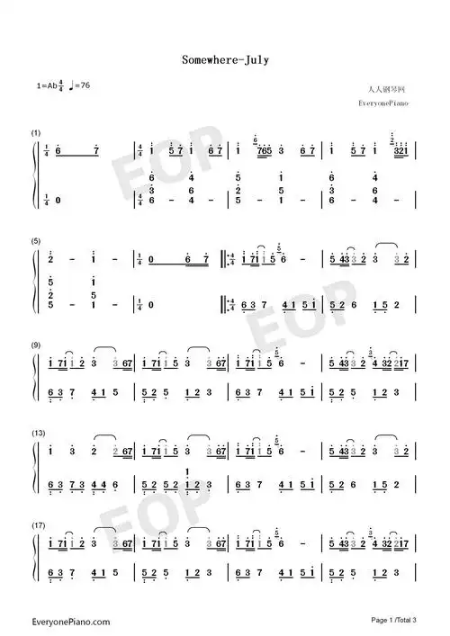 somewhere钢琴简谱july演唱