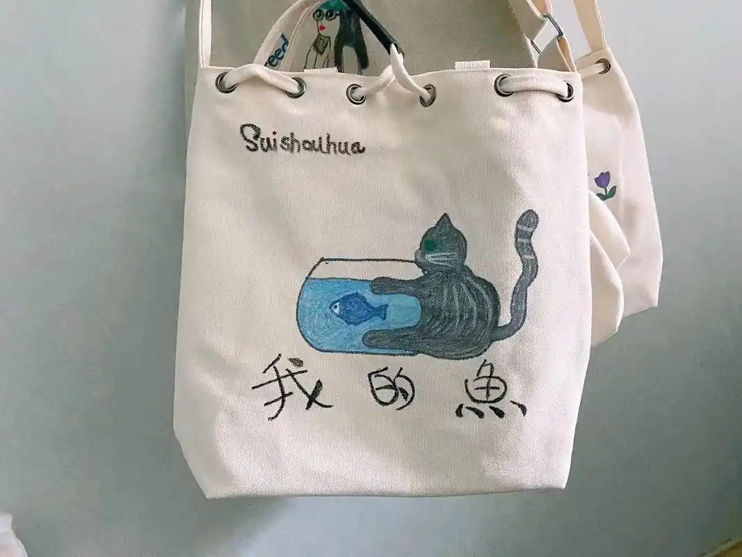 淘气猫系列帆布袋 保证原创手绘.(防水不掉色) 清新文艺方便 - 抖音