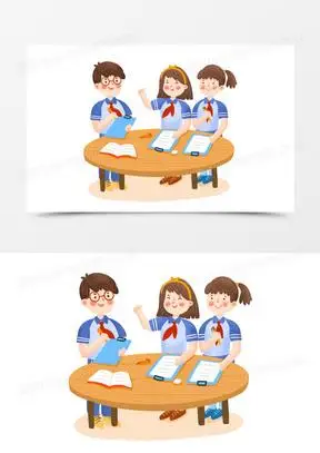 手绘卡通小学生小组讨论场景插画免抠元素