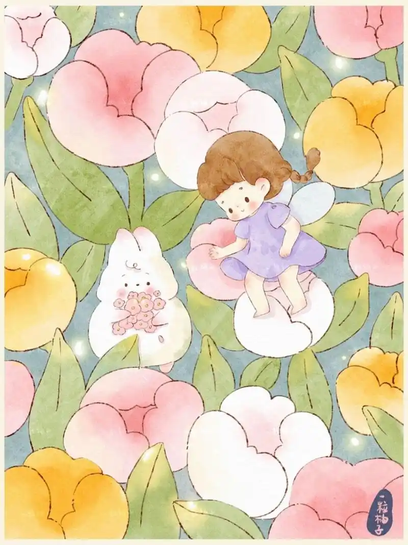 治愈系插画|花丛里的小精灵和兔兔 #笔记灵感# 期许一场花开的绚烂,静
