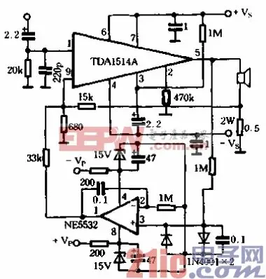 得一块直流伺服恒流式立体声功放印制电路板,它采用tda1514a集成电路