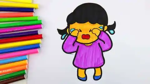宝宝爱涂色  :伤心爱哭的小女孩简笔画