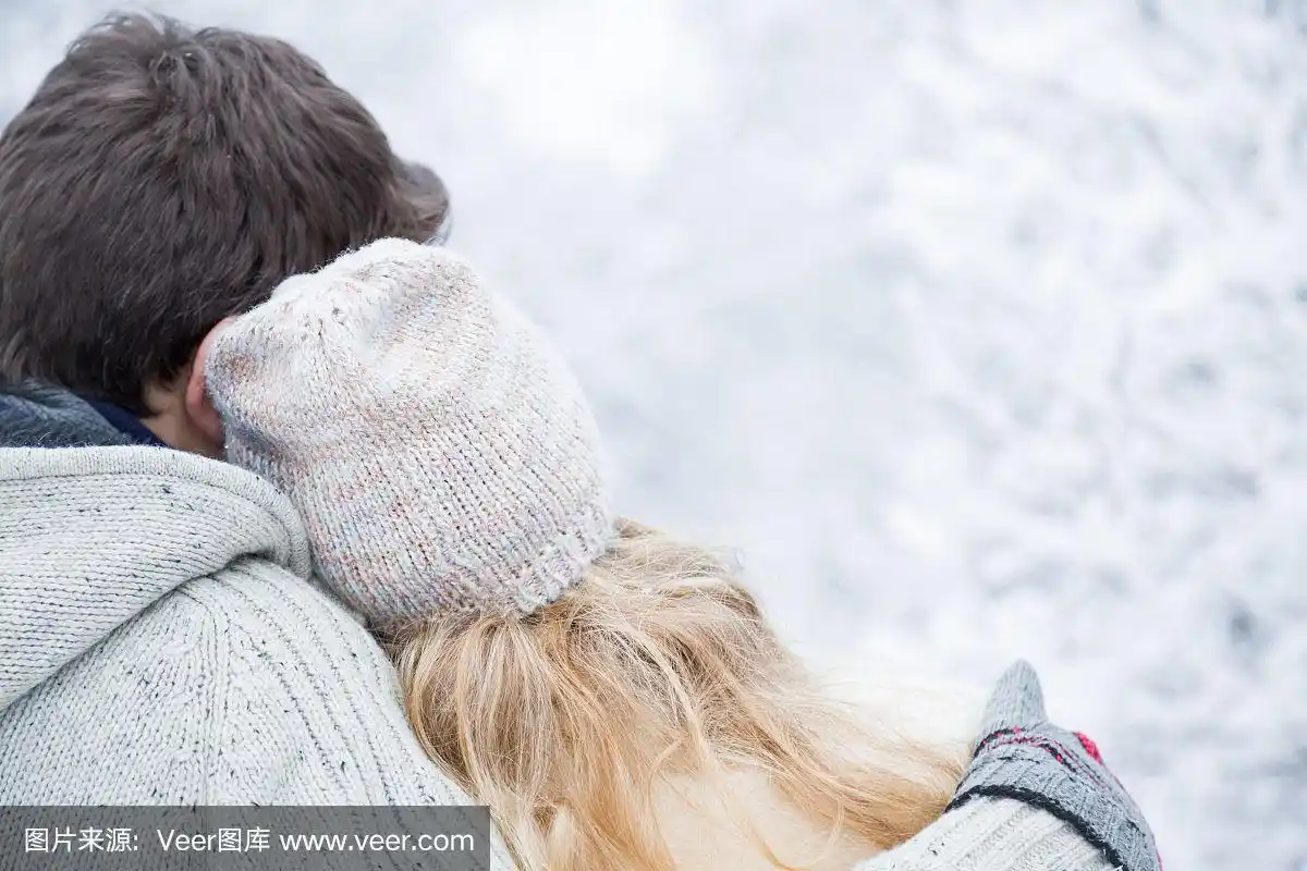 年轻夫妇在公园拥抱的背影.美丽,浪漫的气氛在雪天.关系的概念.