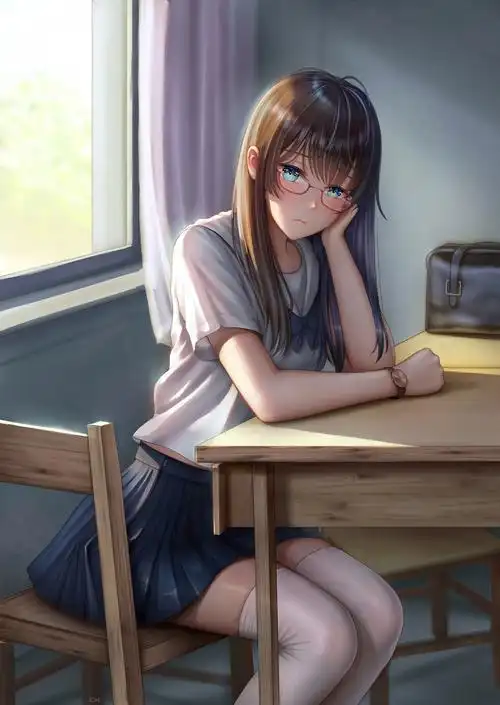 女学生 眼镜 书桌 白色丝袜 水手服全面屏4k手机壁纸动漫美女_手机壁