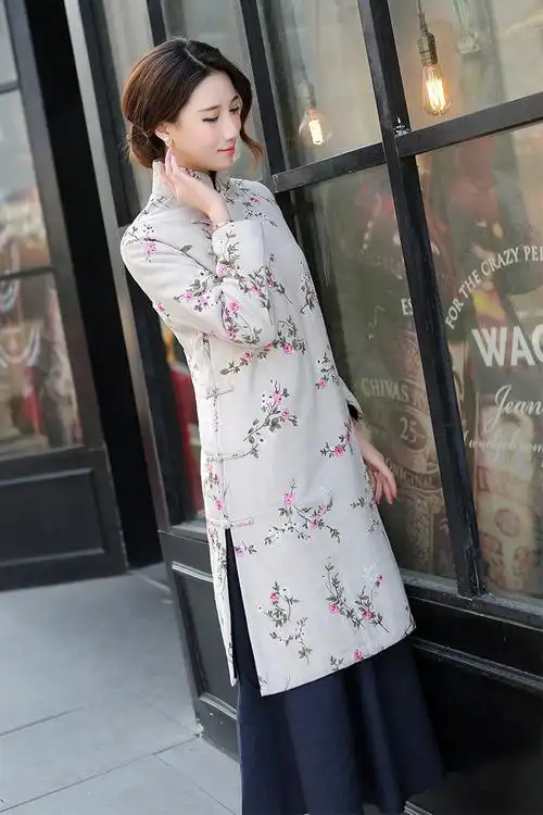 旗袍上衣长袖女装唐装棉袄秋冬季加厚中长款改良中式茶服禅意棉麻_7折