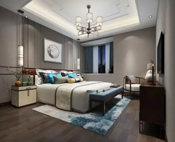 新中式风格卧室灰色背景墙装修效果图