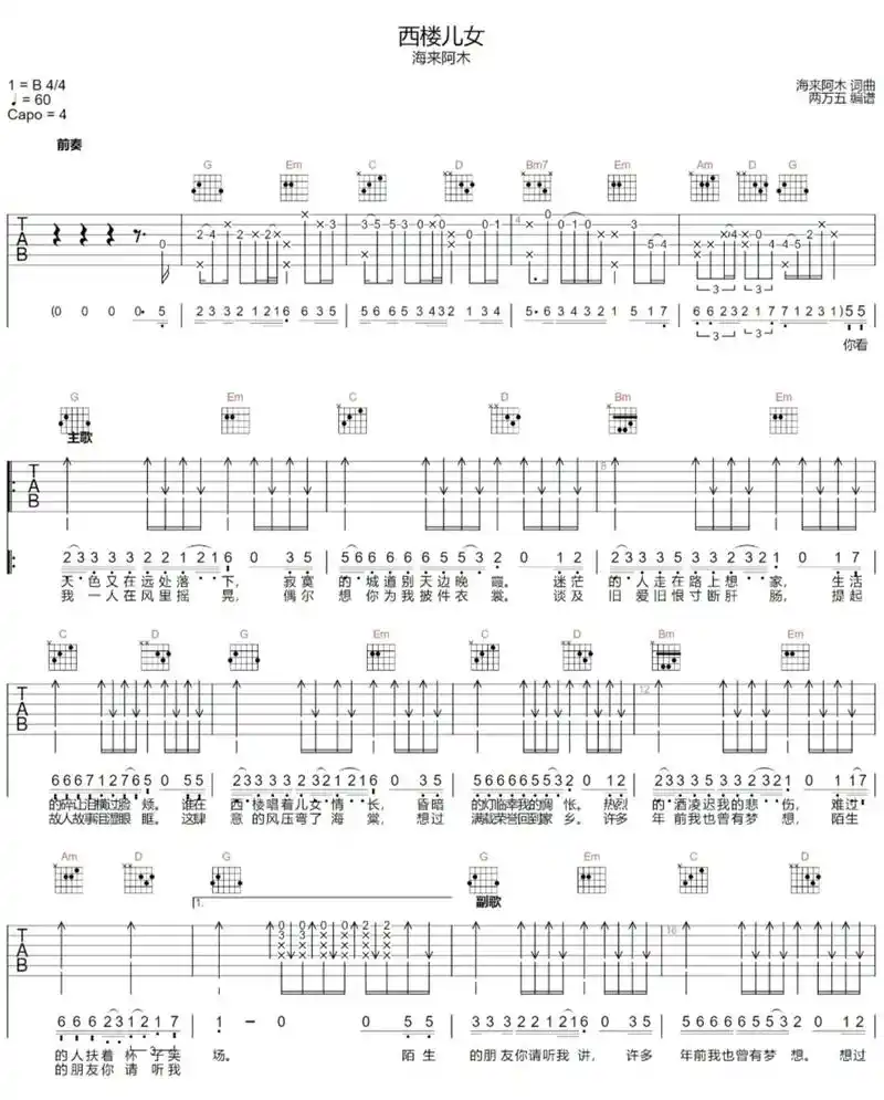 陌生的朋友听我讲.#吉他谱西楼儿女 #海来阿木歌曲#海来阿木 - 抖音