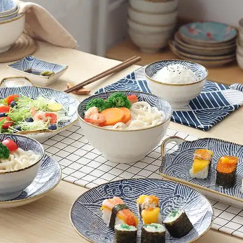 日式餐具创意波浪纹釉下彩陶瓷盘家用碗碟吃饭碗