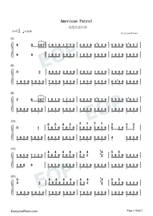 美国巡逻兵-american patrol双手简谱预览1