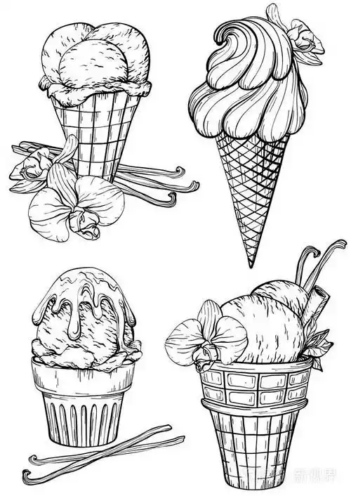 收集的冰淇淋与香草豆荚香草冰淇淋的黑白素描