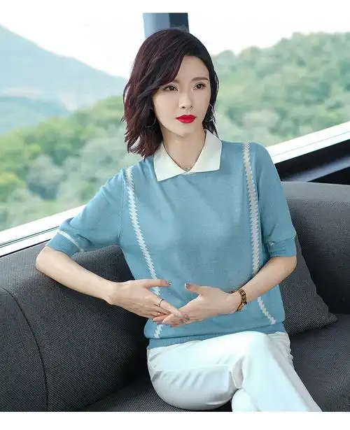 冰丝针织衫短袖t恤女士妈妈夏装2020年新款女装娃娃领中袖上衣服