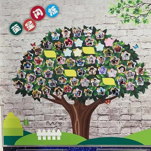 我们将照片墙设计为一棵茁壮成长的大树,墙上一共59张照片,拼在茵起