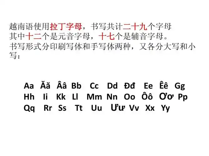 越南语使用拉丁字母,书写共计二十九个字母 其中十二个是元音字母