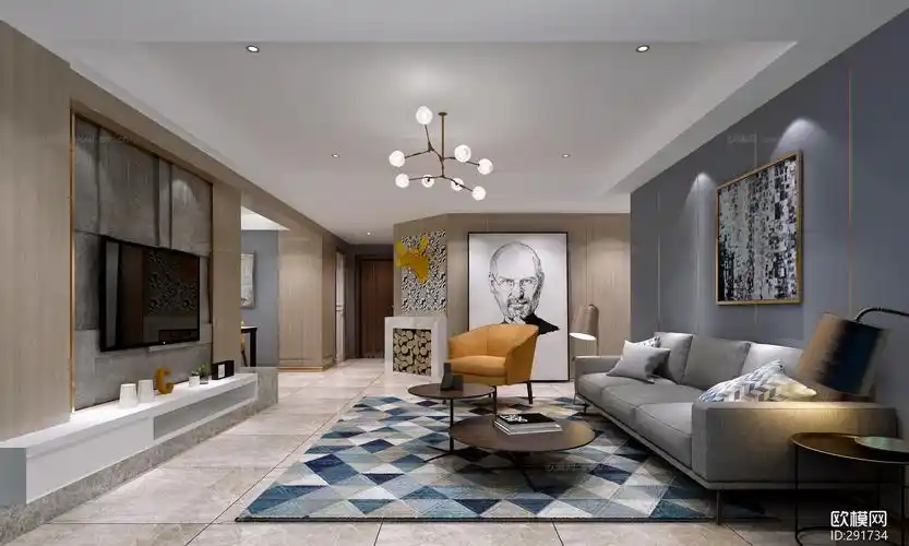 现代客厅空间3d模型-免费3dmax模型库-欧模网