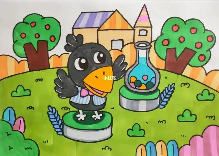 故事主题画《乌鸦喝水》