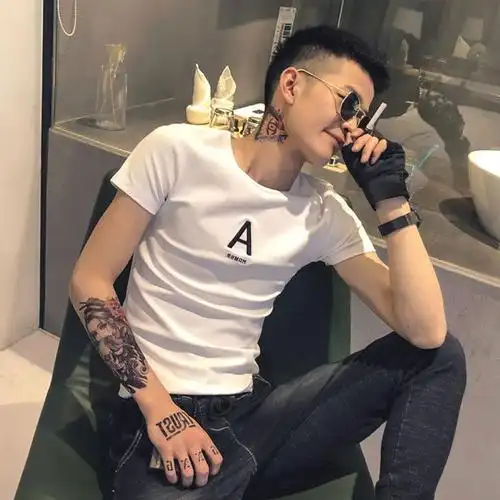 社会人短袖男恤精神小伙紧身小码显瘦修身半袖衣服快手红人同款 a字白