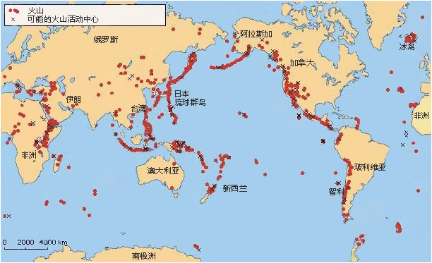 世界火山分布示意图