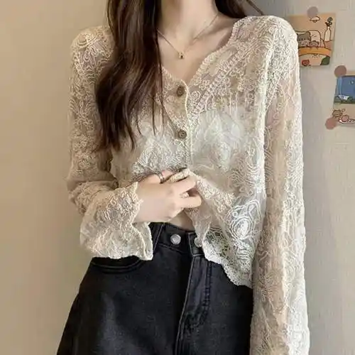 官图设计感小众钩花镂空蕾丝衫女2021年夏季v领长袖开衫上衣,女装针织