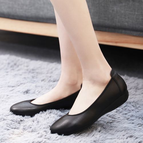 真皮皮软女鞋平跟牛皮护士工作鞋黑色平底上班单鞋