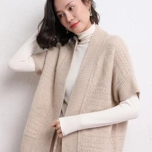 重工织造开衫女马夹宽松纯羊羊绒坎肩扭花背心毛针织衫