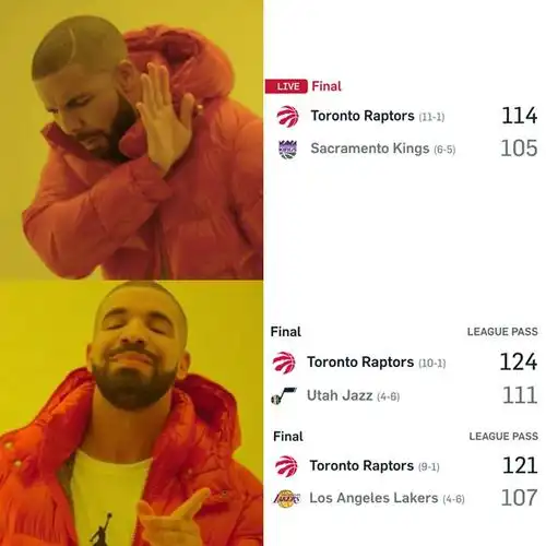 赛后国王官方在推特上晒出两张加拿大著名歌手drake的表情包调侃.