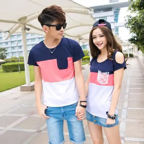 实拍包邮 夏季情侣装韩版男女大码t恤女装露肩短袖t休闲男t恤班服