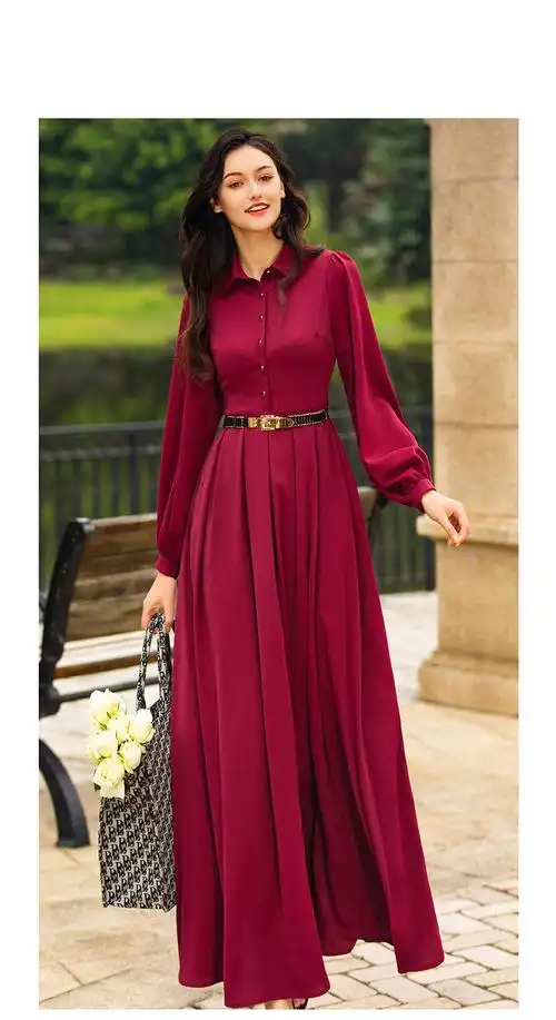 帝弗高端时尚红色长款连衣裙过膝秋冬长袖连衣裙收腰长裙dz2844