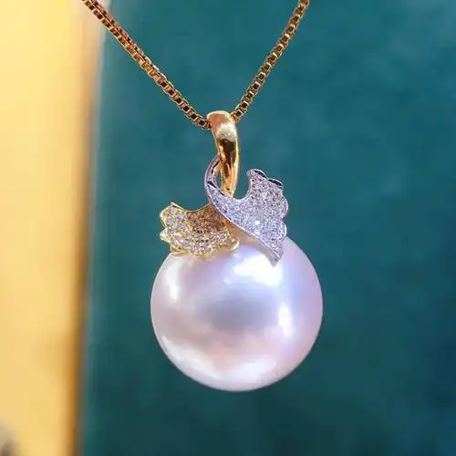 金叶子设计澳白吊坠1516mm大珠经澳白珍珠18k镶嵌钻石正圆强冷光微瑕