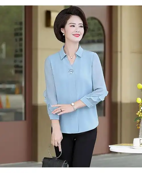 玛亿尚春夏季中年妈妈装雪纺衫中老年女装衬衫宽松休闲时尚上衣长袖