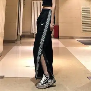 2020新款侧边蝴蝶排扣裤子男夏薄潮ins直筒宽松黑色休闲运动裤女