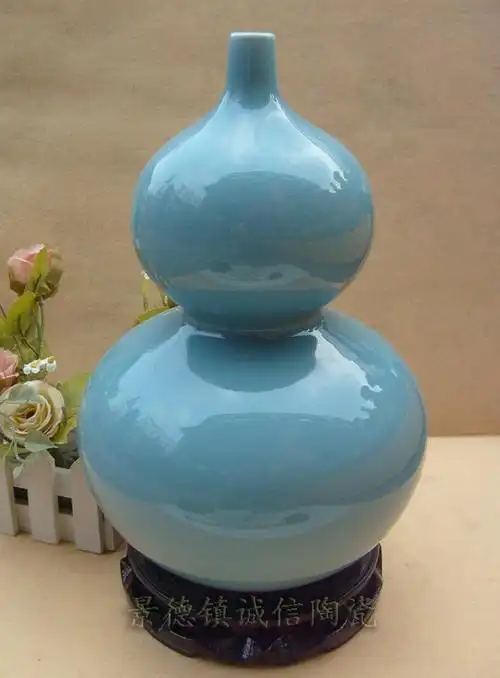 景德镇陶瓷花瓶 单颜色釉艺术品 仿古豆青瓷器 宝葫芦 摆设收藏