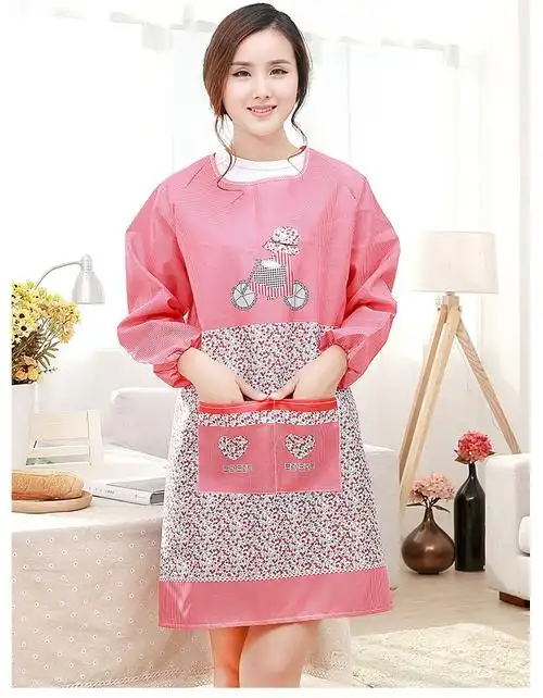 围裙长袖罩衣工作服防油防水厨房家用时尚韩版成人女男士围腰小猫咖啡