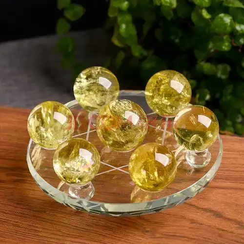 天然黄水晶球七星阵天然水晶球摆件 风水摆件 中球4边球3.5厘米底盘15