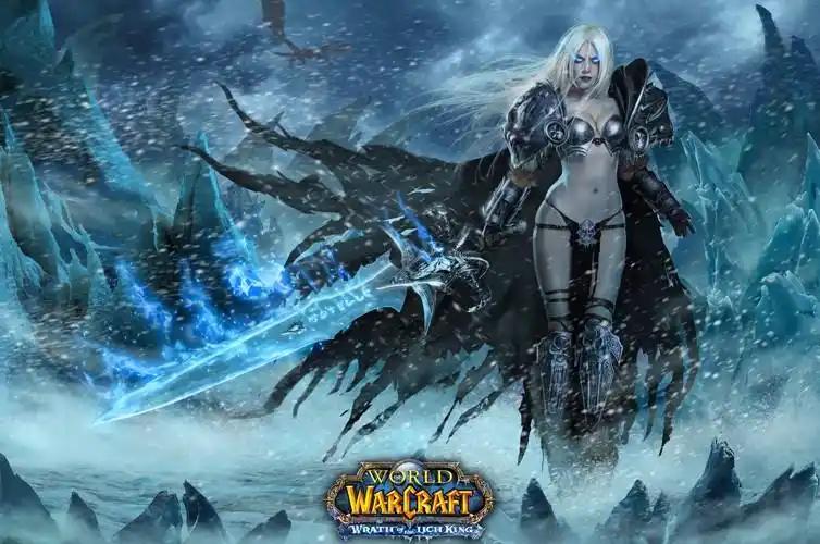 寻找一张冰封王座 女的死亡骑士的图片 白头发双色眼睛坐在宝座上拿剑