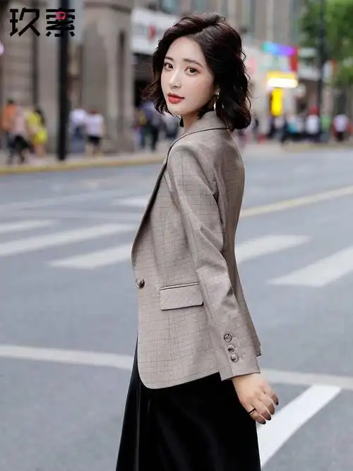 官网hmηχ小西服薄款女士复古格子西装新款春装外套气质上衣