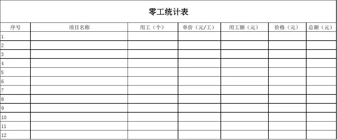 零工统计表 序号