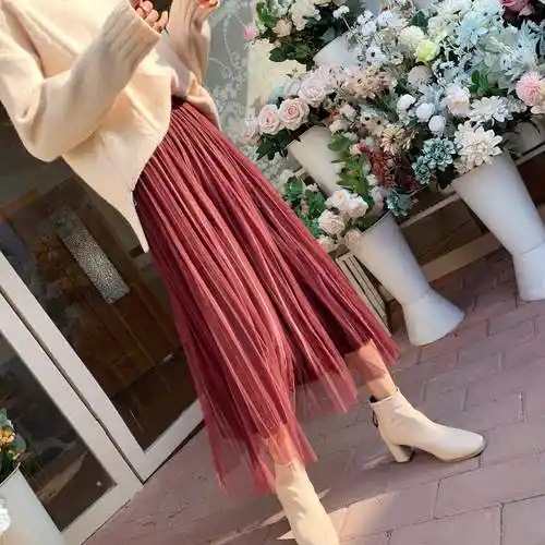 高腰中长款超火百褶裙子红色网纱半身裙仙女裙秋冬小个子网红爆款