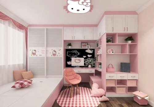粉色凯蒂猫榻榻米儿童房装修案例