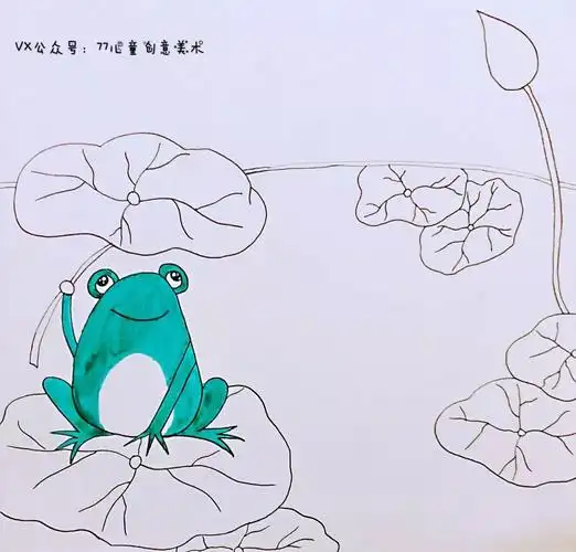 1,构图,画出青蛙与荷叶的线稿,注意主体的大小.