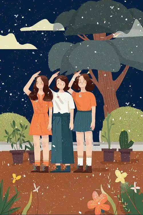 手绘卡通三个女孩敬礼免扣元素