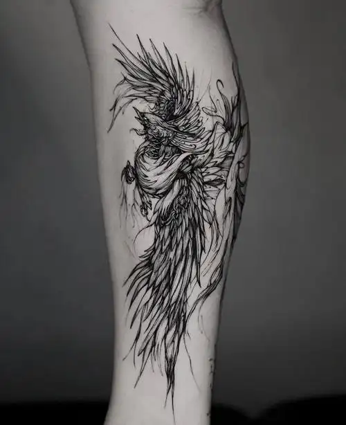 厦门纹身分享小腿意识流凤凰纹身