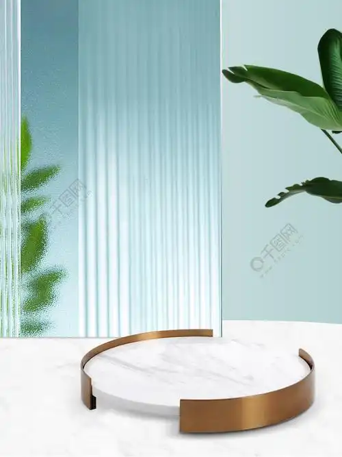 原创蓝色简约室内场景光影玻璃背景素材海报