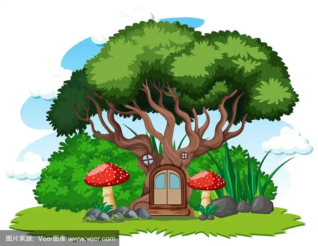 树屋和蘑菇卡通风格的白色背景