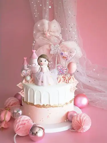 烘焙蛋糕装饰纱裙公主城堡玩偶摆件可爱女孩粉色节日装扮用品