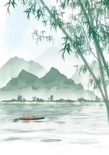 青绿色竹林中式水墨山水画