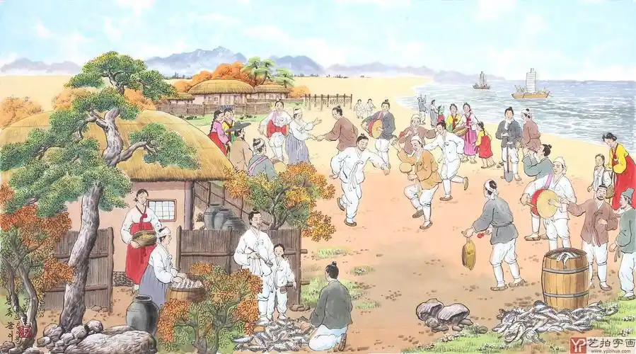 朝鲜一级艺术家哲明写意民俗画《凤竹游戏》