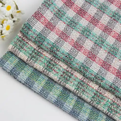 工厂现货小香风绞综格子彩条粗花呢面料时尚现代套装女士布料