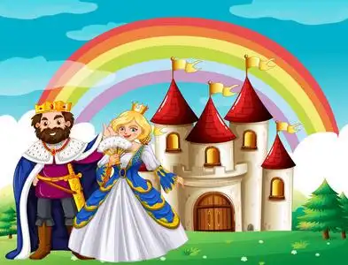 场面与国王和女王/王后在宫殿照片